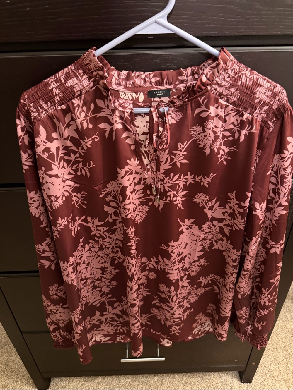 Rose-Print Burgundy Long-Sleeve Blouse new w/o tag